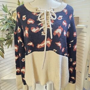 POL Navy and Cream Patterned Lace-Up Sweater Pit to Pit 24 Fit L/Xl oversized